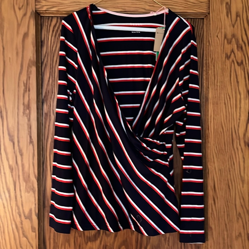 Boden Navy Stripe Long Sleeve Wrap Top